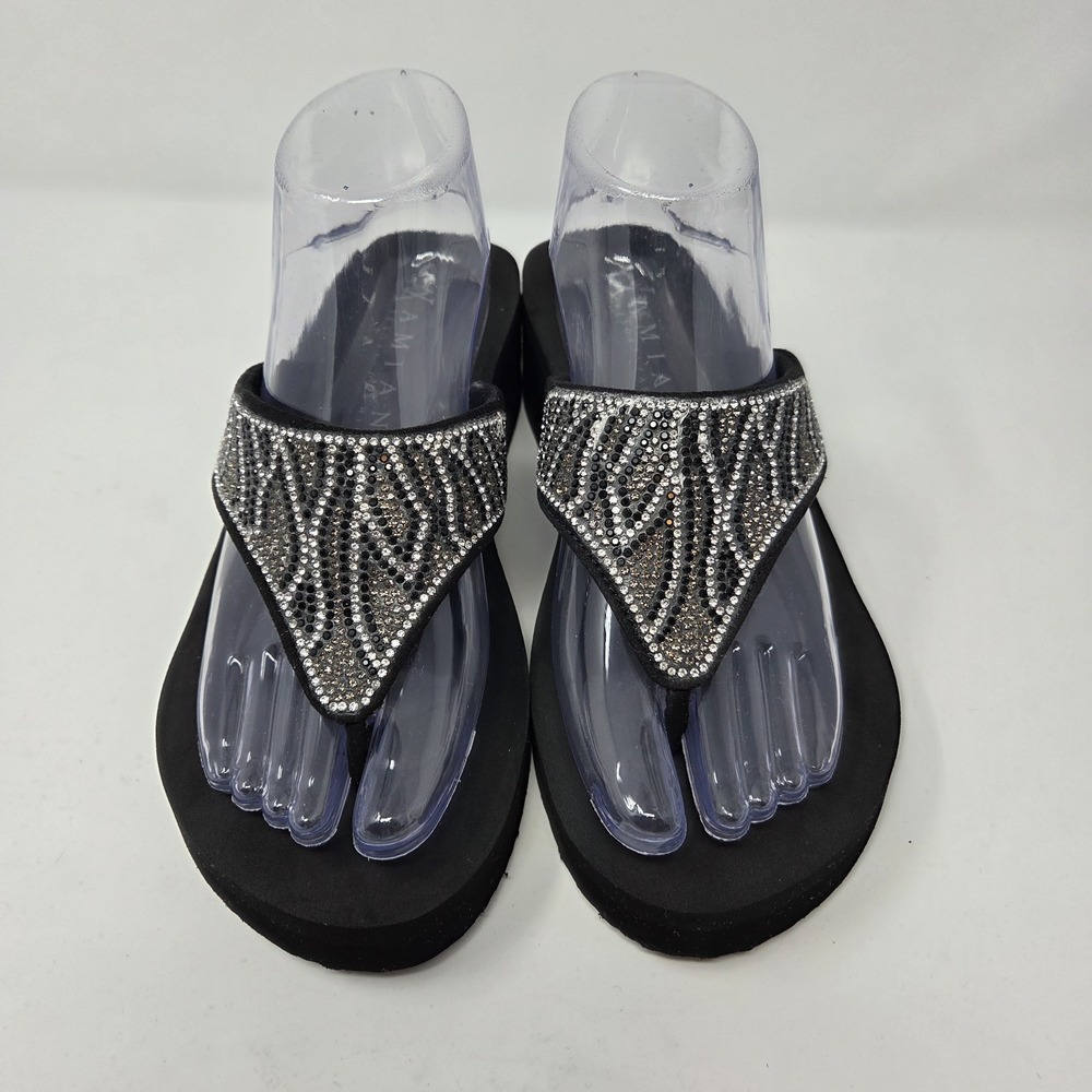 Amiani Sandal Womens 10.5 Black Vinyasa Sparkle Stones Thong Slip On Casual Zebr - Picture 1 of 11